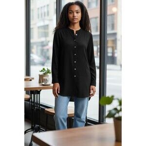 Rafaella  Black Linen Blouse Shirt Banded Collar Women's M NWT